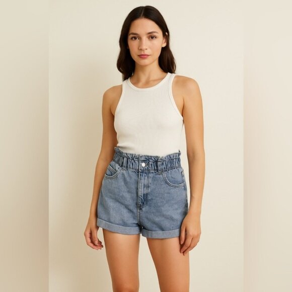 Bershka Paperbag Waist Denim Shorts - Size US 14 - Picture 1 of 9